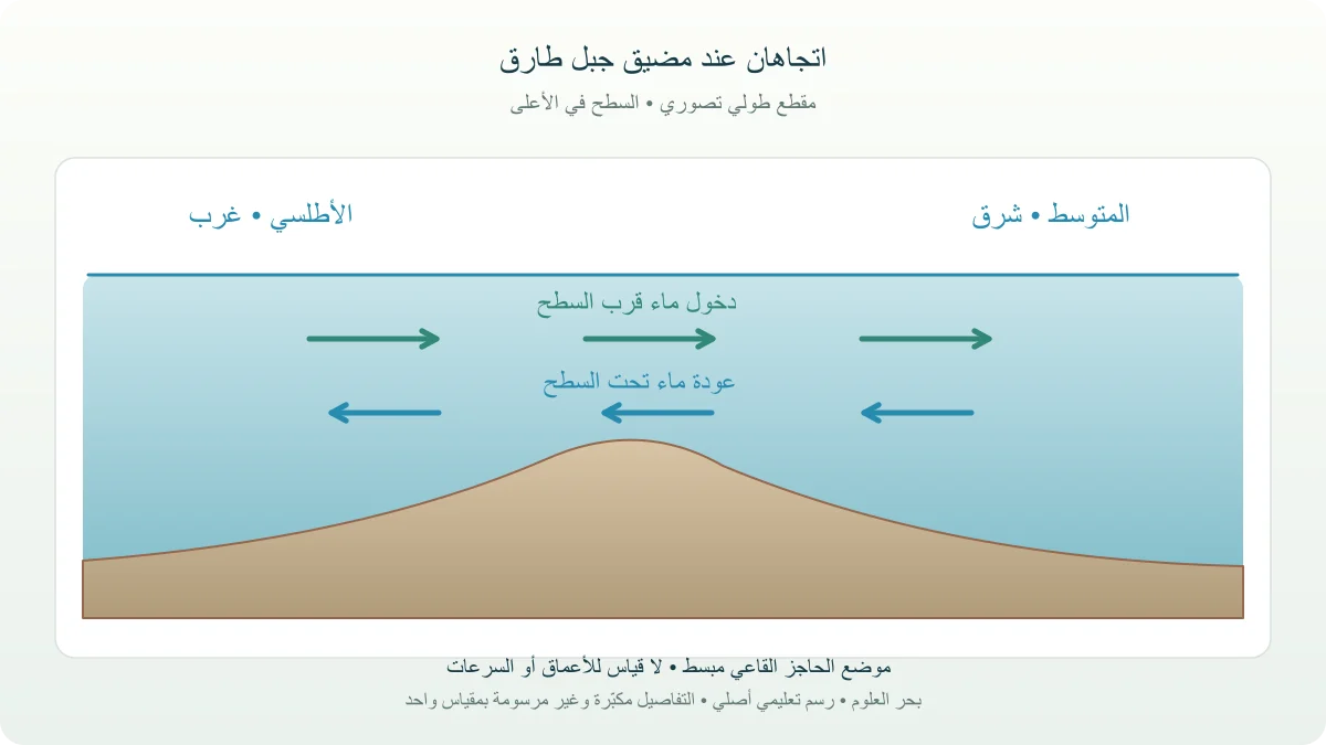 مقطع مبسط لتبادل ماء سطحي نحو المتوسط وماء أعمق نحو الأطلسي عبر جبل طارق