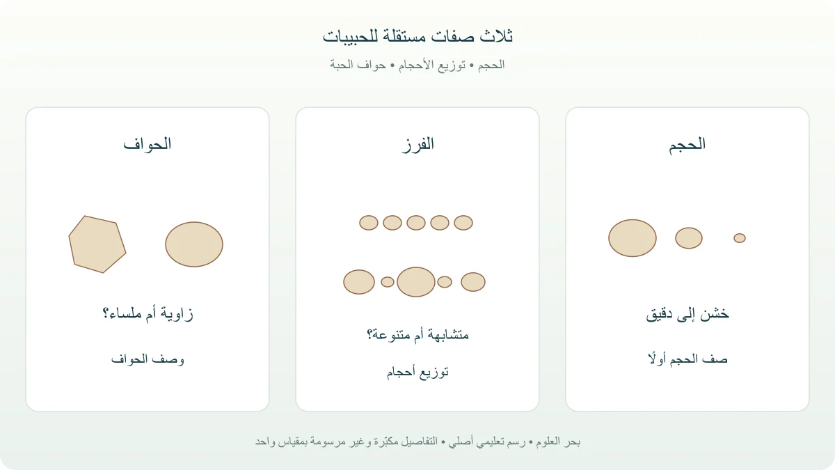 مقارنة تعليمية لحجم الحبيبات وفرزها وحوافها في الصخور الفتاتية