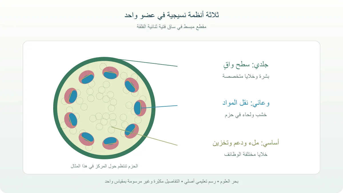 مقطع عرضي مفهومي في ساق فتية يوضح البشرة والنسيج الأساسي والحزم الوعائية
