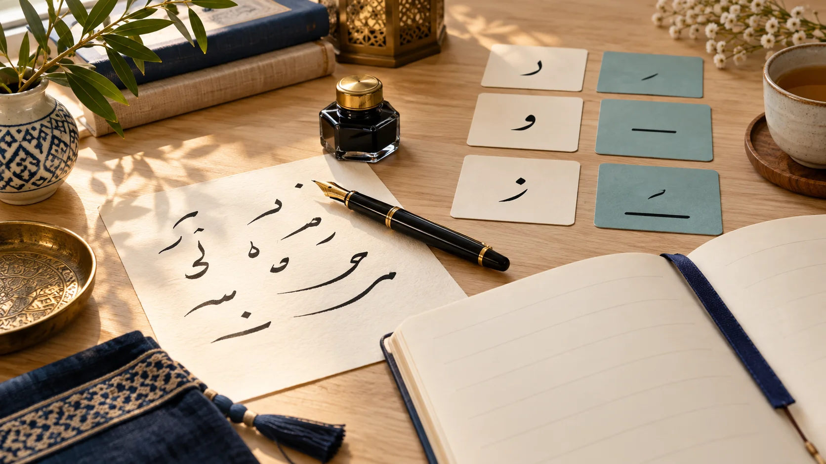 دفتر وبطاقات ذات ضربات حبر فنية على مكتب