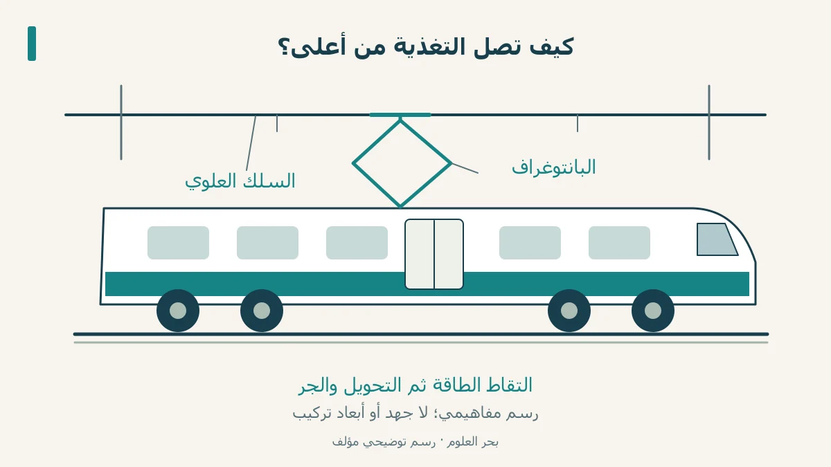 بانتوغراف يلتقط الطاقة من سلك علوي في رسم لقطار