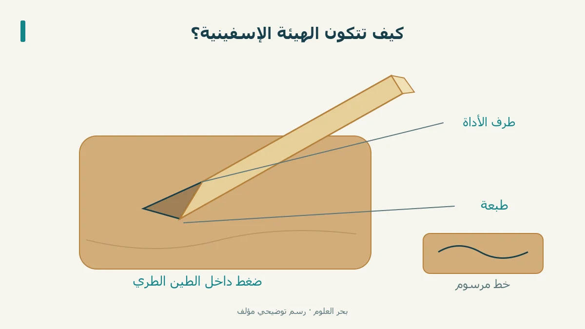 طرف أداة يطبع أثرًا إسفينيًا في طين طري