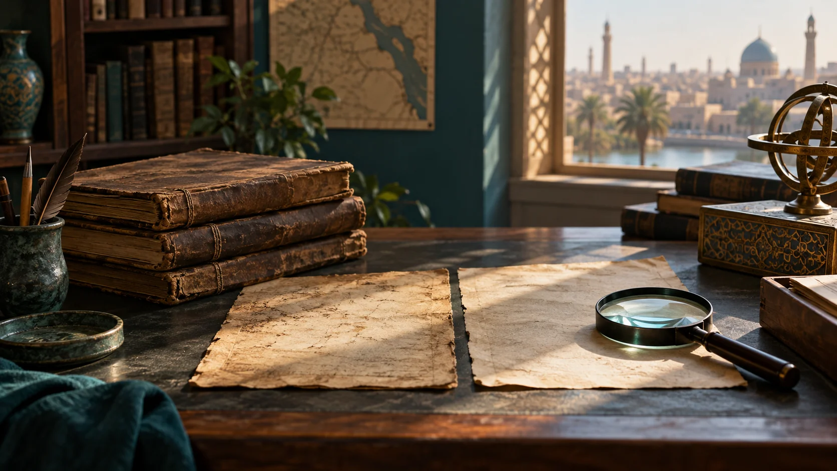 مكتب دراسة متخيل عليه كتب وورقتان للمقارنة