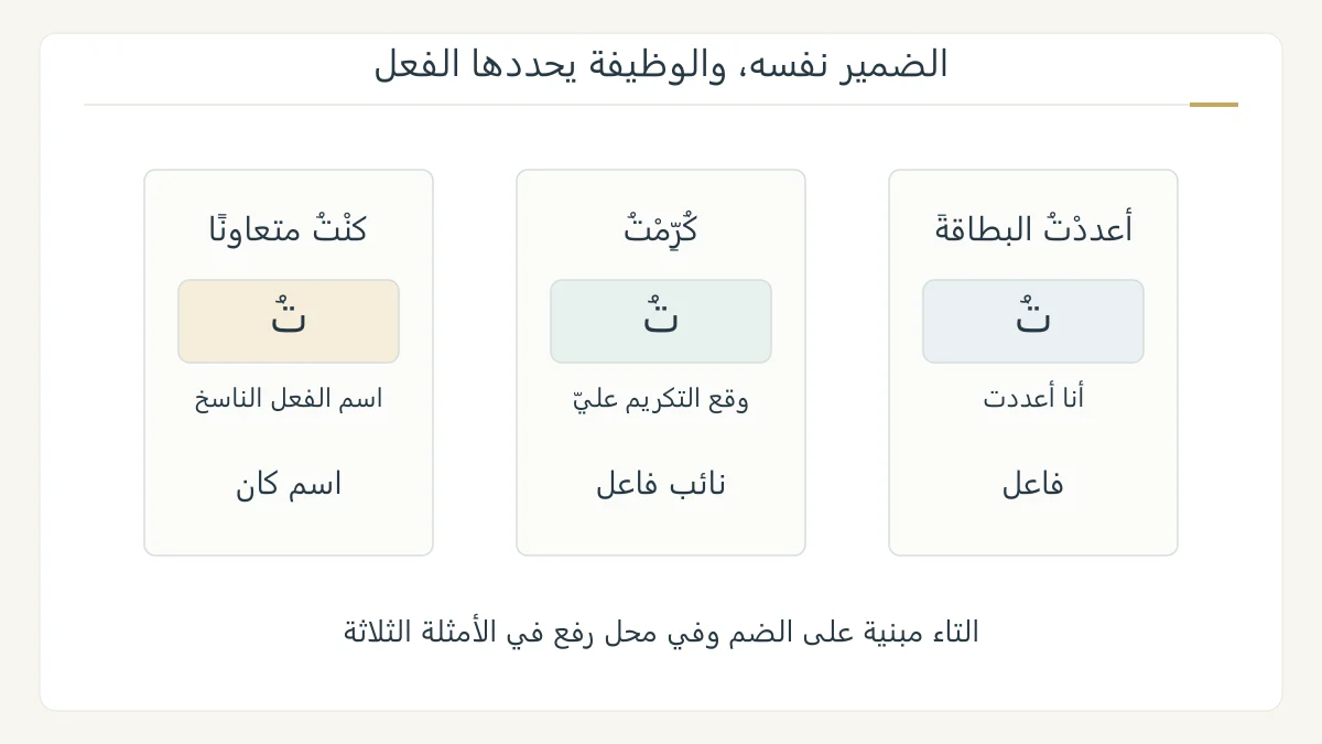 رسم أصلي يقارن التاء في أعددت وكرمت وكنت، ويربطها بمحل رفع فاعل ثم نائب فاعل ثم اسم كان مع توضيح حركة التاء الثابتة