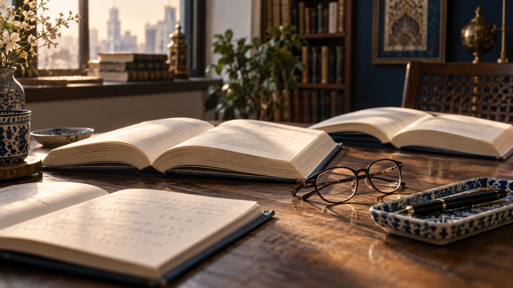 كتابان مفتوحان ونظارة على مكتب دراسة معاصر