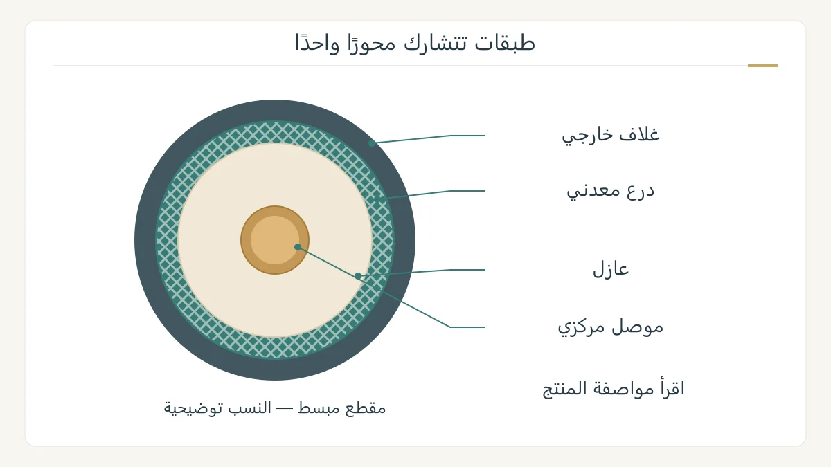 مقطع توضيحي أصلي للكابل المحوري يظهر موصلًا مركزيًا وعازلًا ودرعًا معدنيًا وغلافًا خارجيًا