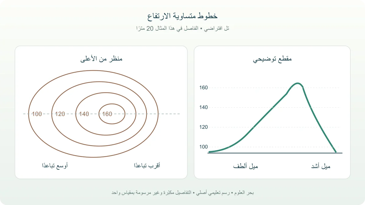 خطوط ارتفاع افتراضية ومقطع تل يظهر جانبًا لطيفًا وآخر أشد انحدارًا