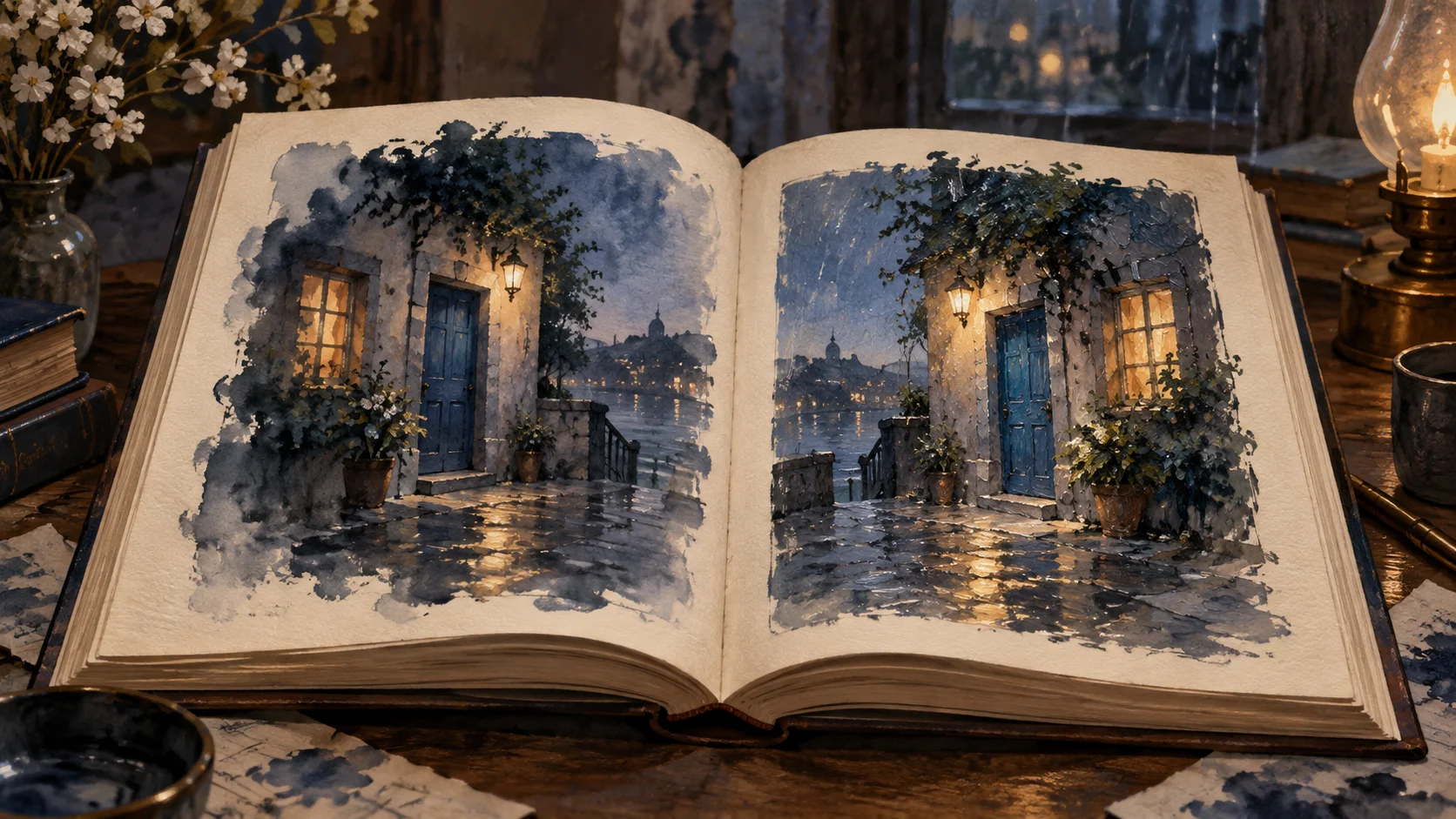 رسم مولد لكتاب تظهر على صفحتيه صورتان أدبيتان لباب أزرق