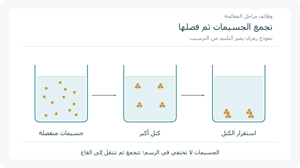 ثلاثة أوعية تبين جسيمات منفصلة ثم تجمعها في كتل ثم استقرار الكتل في القاع