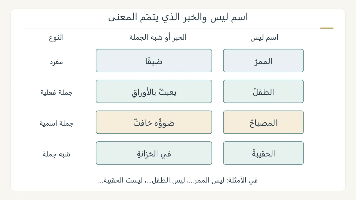 رسم تعليمي أصلي لأربعة أمثلة لخبر ليس: مفرد وجملة فعلية وجملة اسمية وشبه جملة، مع فصل اسم ليس عن الجزء الذي يتمم المعنى
