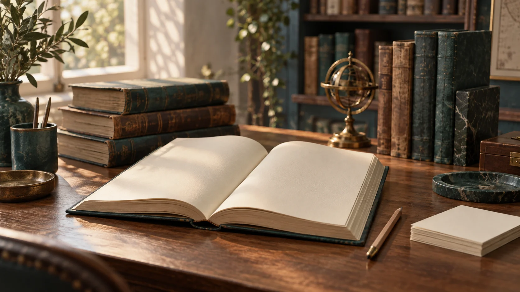 كتب وصفحات فارغة في مكتب بحث متخيل
