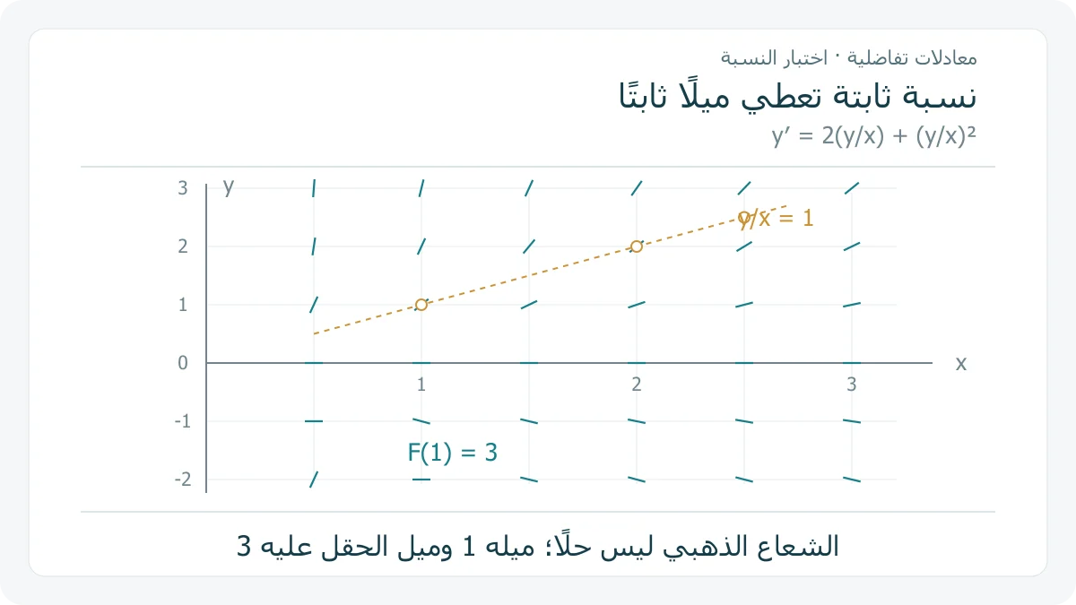حقل ميول أصلي للمعادلة y شرطة تساوي 2y على x زائد مربع y على x، مع نقاط على الشعاع y يساوي x لها الميل نفسه 3