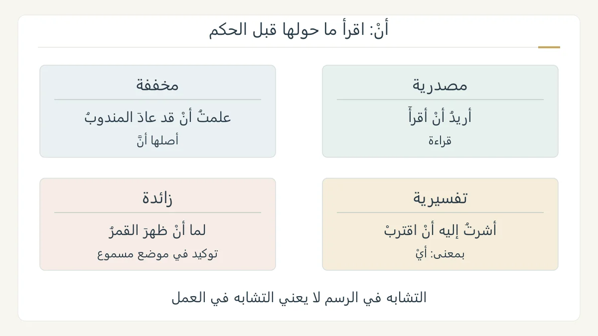 خريطة أصلية لأربعة استعمالات لأنْ، تعرض أريد أن أقرأَ، وعلمت أنْ قد عاد المندوب، وأشرت إليه أن اقترب، ولما أن ظهر القمر