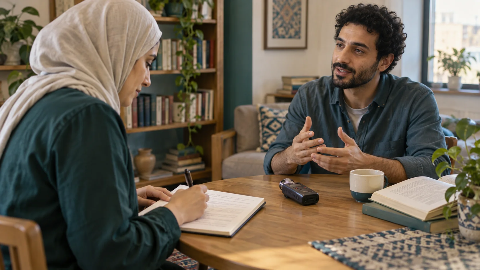 متحدث ومستمع يدوّن ملاحظات مع تسجيل صوتي وكتاب