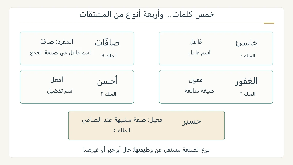 مصفوفة أصلية للشواهد خاسئ وصاف وصافات والغفور وأحسن وحسير، تفصل أسماء الأنواع عن الأوزان ومراجع الآيات