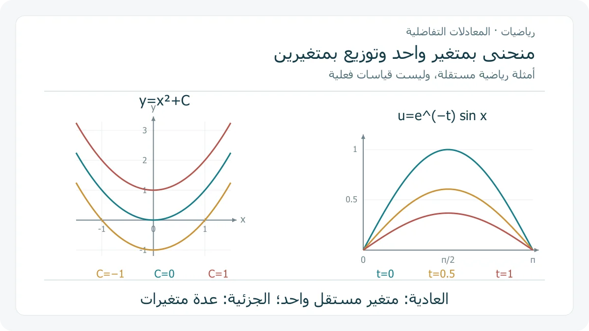 لوحتان تقارنان حلول المعادلة العادية y′=2x وهي منحنيات x²+C، وملفات حل المعادلة الجزئية u_t=u_xx عند أزمنة 0 و 0.5 و 1 للحل e^−t sin x