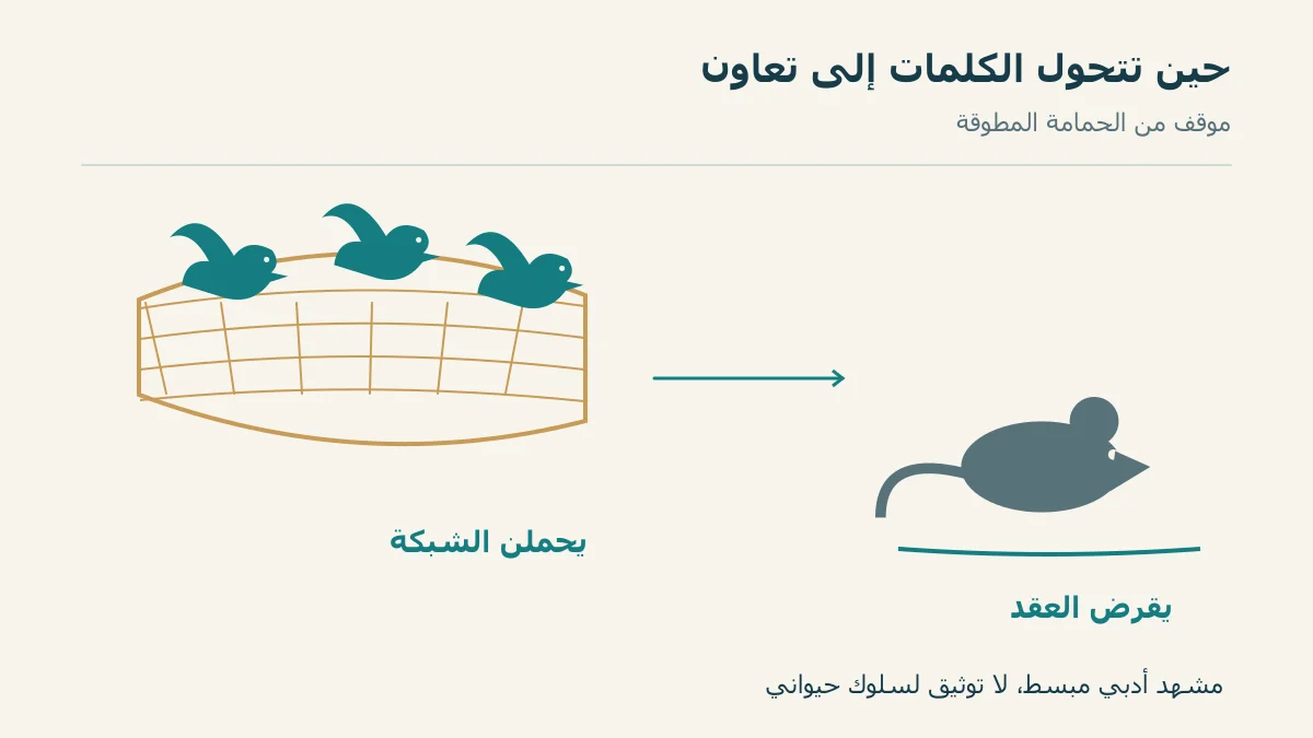 حمام يحمل شبكة إلى جرذ في موقف من الحكاية