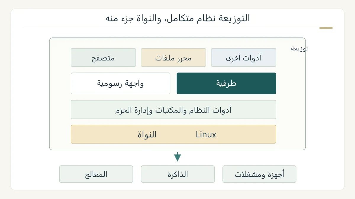 رسم أصلي مقطعي لتوزيعة لينوكس مكتبية، يعرض تطبيقات وواجهة رسومية وطرفية وأدوات ثم نواة Linux فوق المعالج والذاكرة والأجهزة، مع تمييز التوزيعة عن النواة