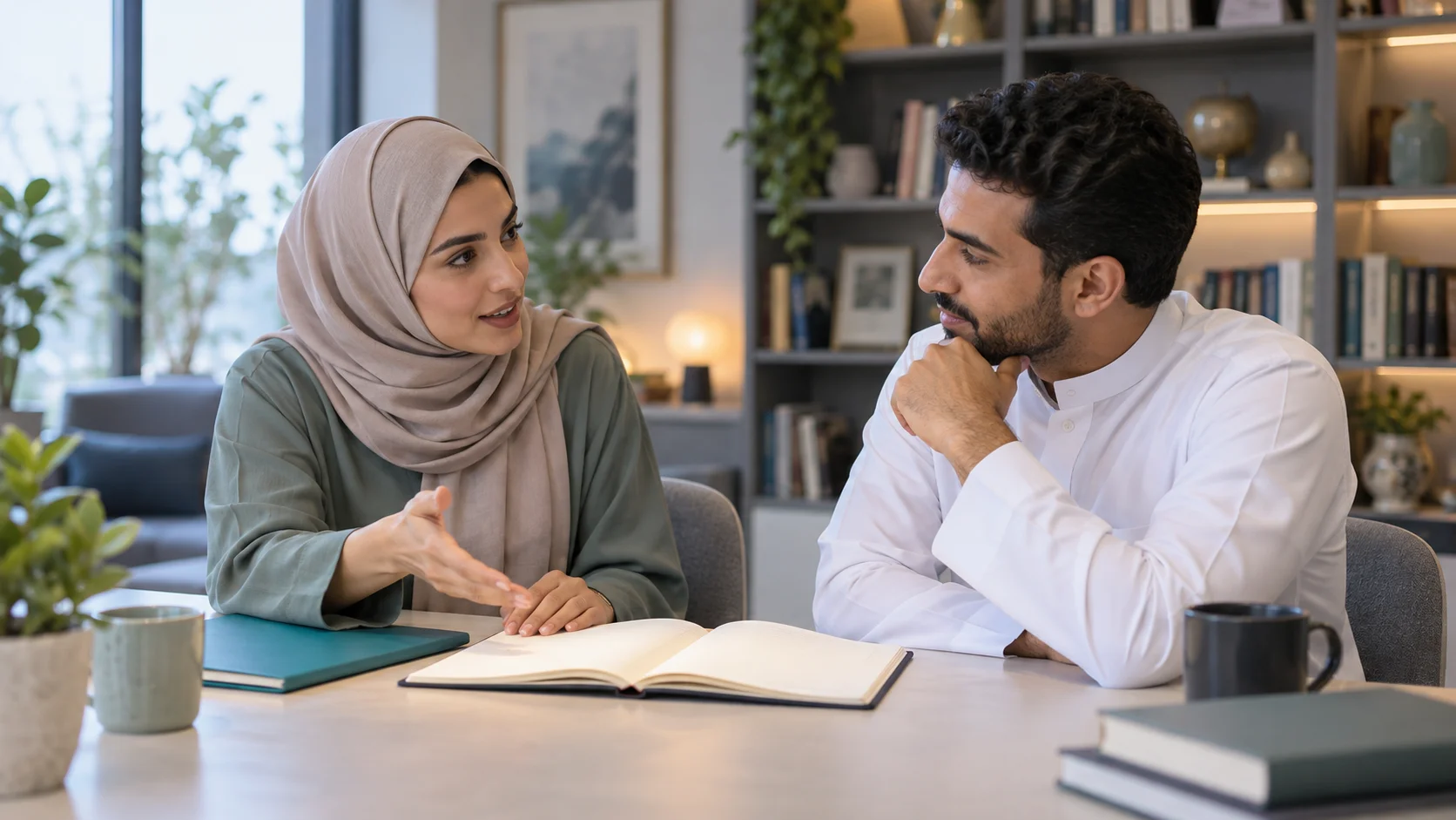 متعاونان متخيلان يتحاوران حول دفتر في استوديو تعلم