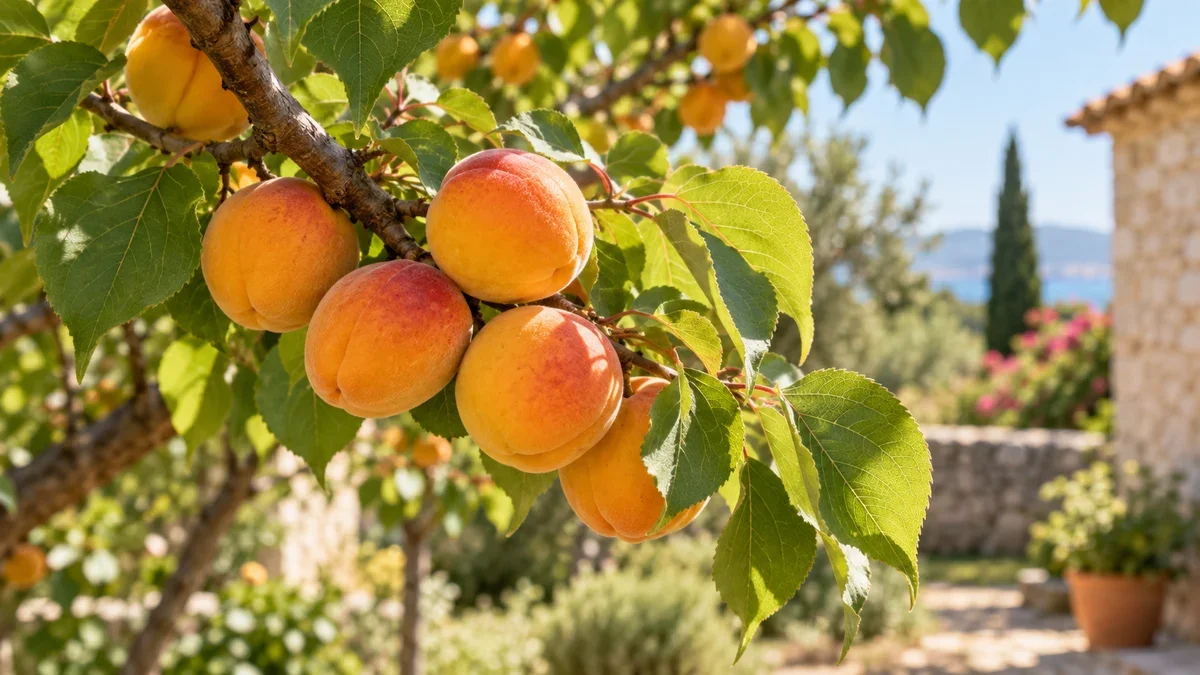 مشمش برتقالي ناضج على فرع مورق في ضوء النهار