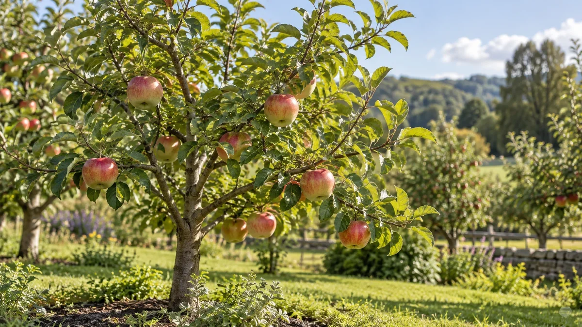 شجرة تفاح صغيرة تحمل ثمارًا حمراء وخضراء تحت ضوء طبيعي