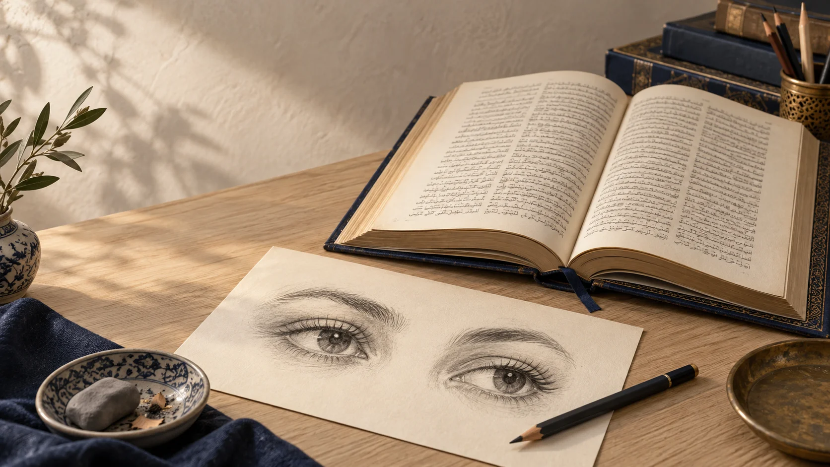 دفتر مع رسم فني لعينين وكتاب على مكتب