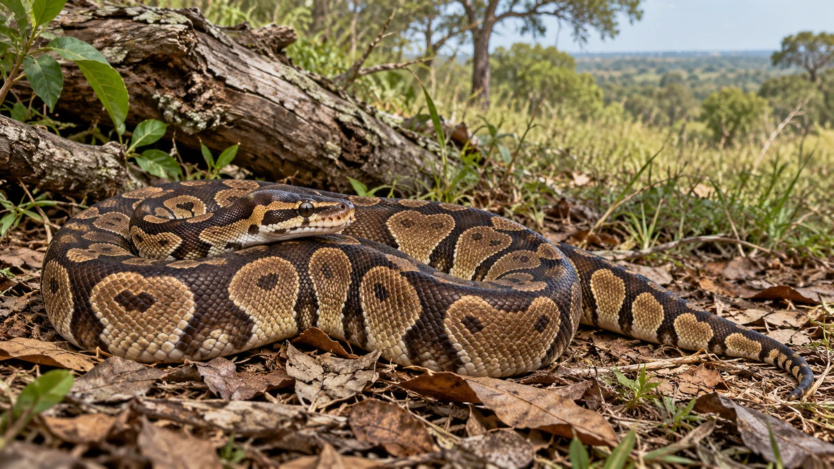 تصوير توضيحي مولد لبيثون الكرة Python regius ملتف على أرض موطن نباتي، وليس صورة توثيقية