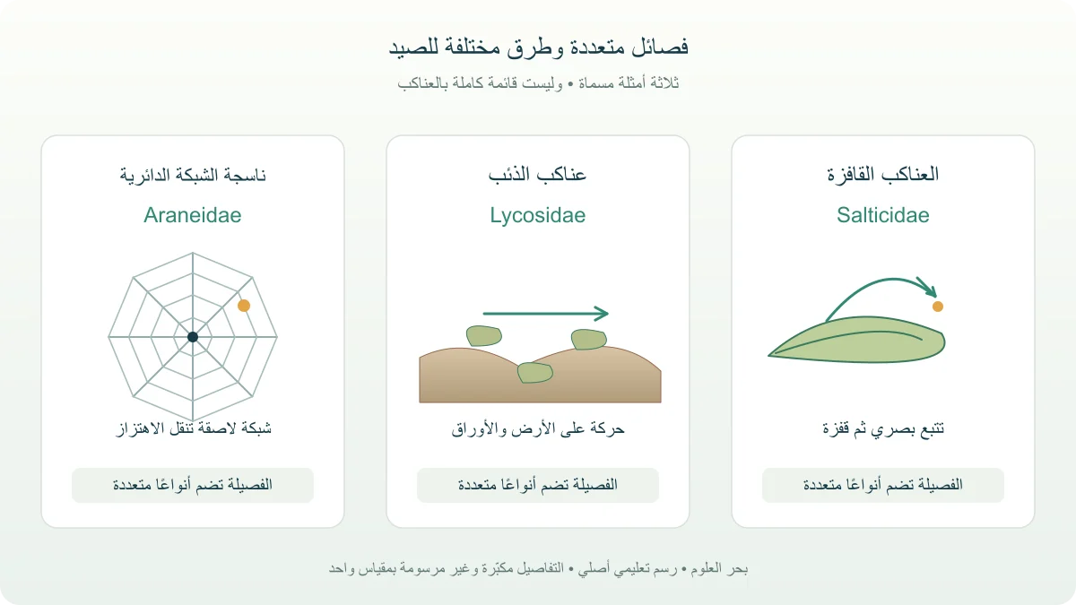 مخطط مقارنة لفصائل العناكب القافزة والذئب وناسجة الشبكة الدائرية