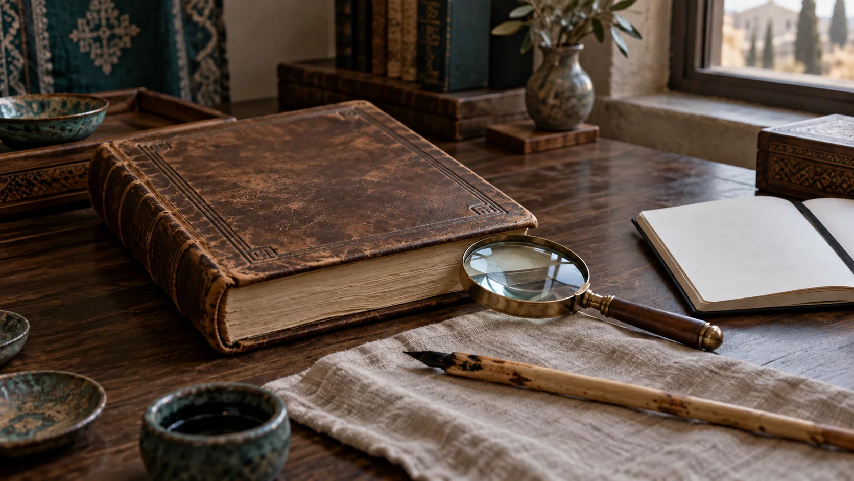 كتب وعدسة مكبرة وقلم قصب على مكتب دراسة