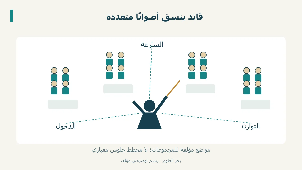 رسم قائد أمام مجموعات فرقة، مع إشارات توضيحية للسرعة والدخول والتوازن.