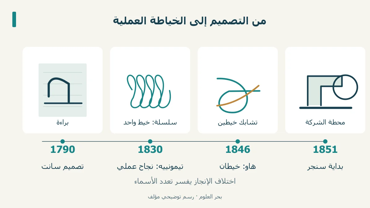 رسم أربع محطات لتطوير ماكينة الخياطة.