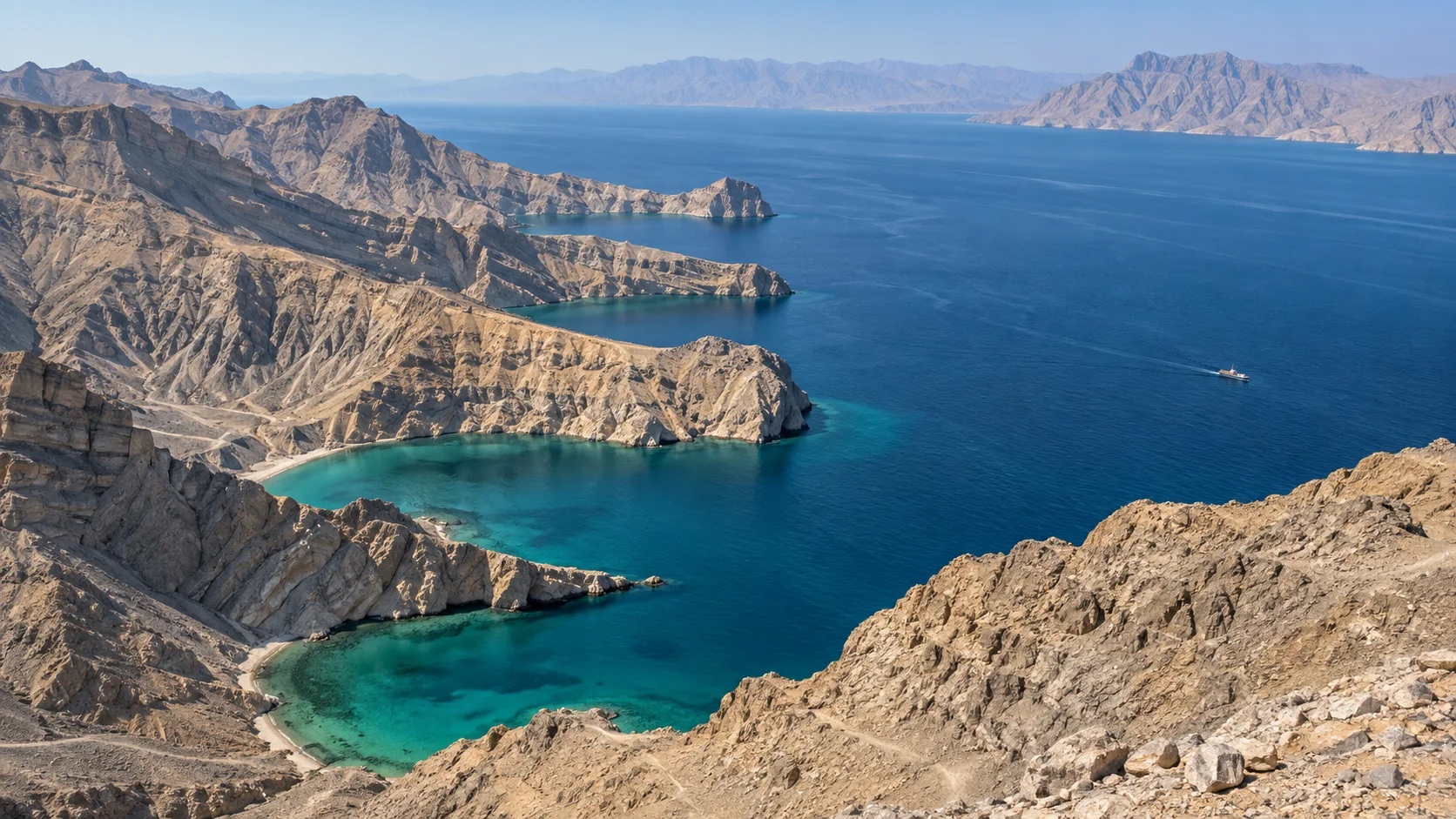تصور مرسوم لجبال جافة ومداخل بحرية مستوحاة من مسندم