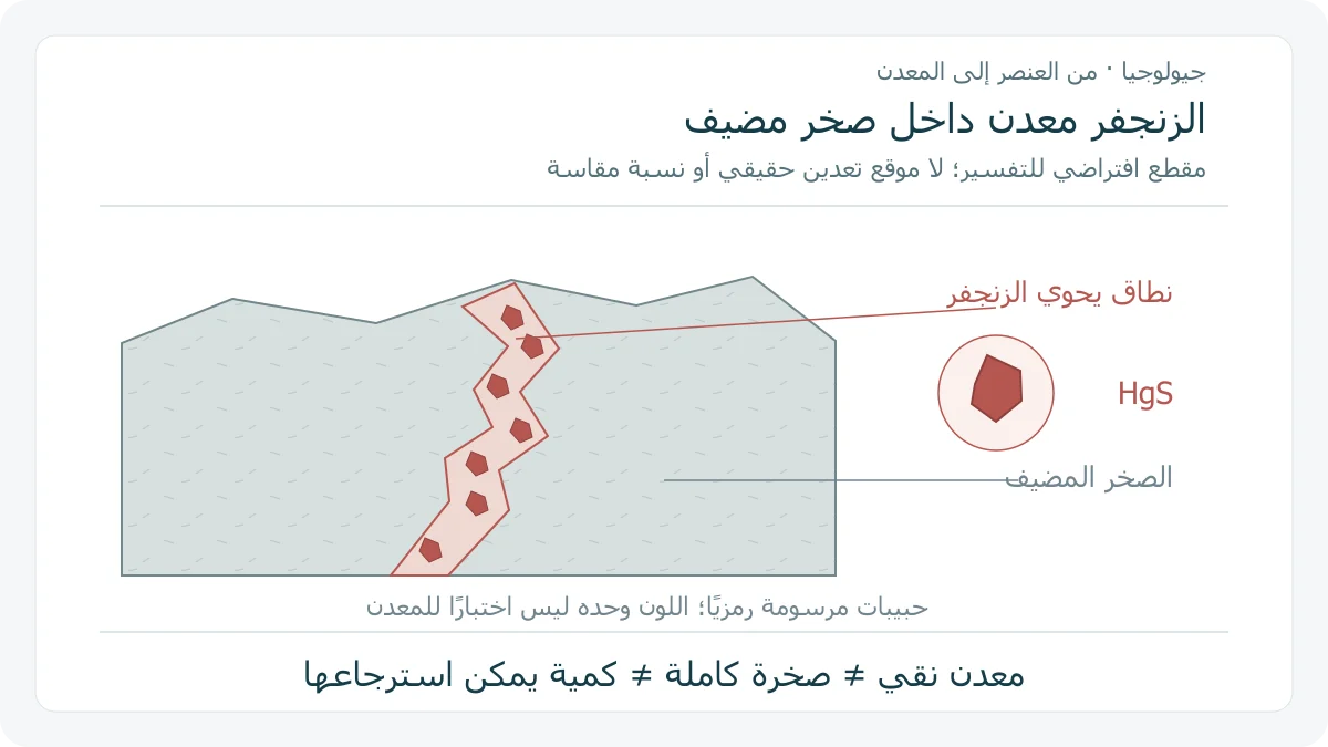 مقطع صخري تخطيطي أصلي يظهر نطاقًا معدنيًا يحوي حبيبات حمراء رمزية من الزنجفر وسط صخر مضيف، مع تكبير رمزي للحبيبات وتسميتها HgS