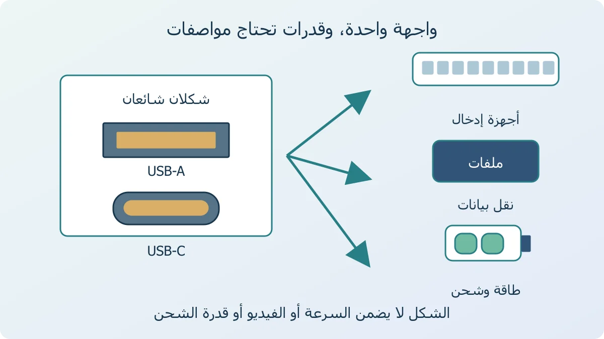 رسم أصلي لمنفذ USB-A مستطيل وموصل USB-C بيضاوي يربط واجهة USB بلوحة مفاتيح ووحدة تخزين وبطارية بوظائف مختلفة