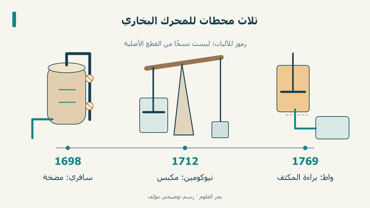 محطات سافري 1698 ونيوكومين 1712 وبراءة مكثف واط 1769، مع ثلاثة رموز ميكانيكية.