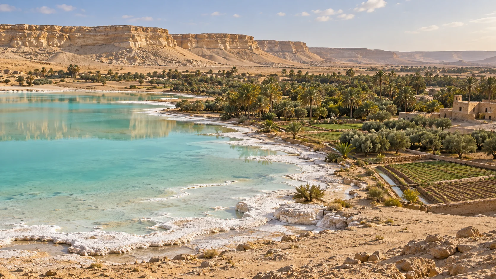 مشهد تصوري لنخيل وأرض مزروعة وبحيرة ذات حواف ملحية في منخفض صحراوي