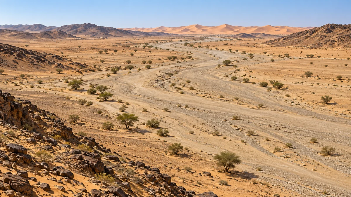 تصور وادٍ صحراوي واسع قليل العمق ورمال عند الأفق