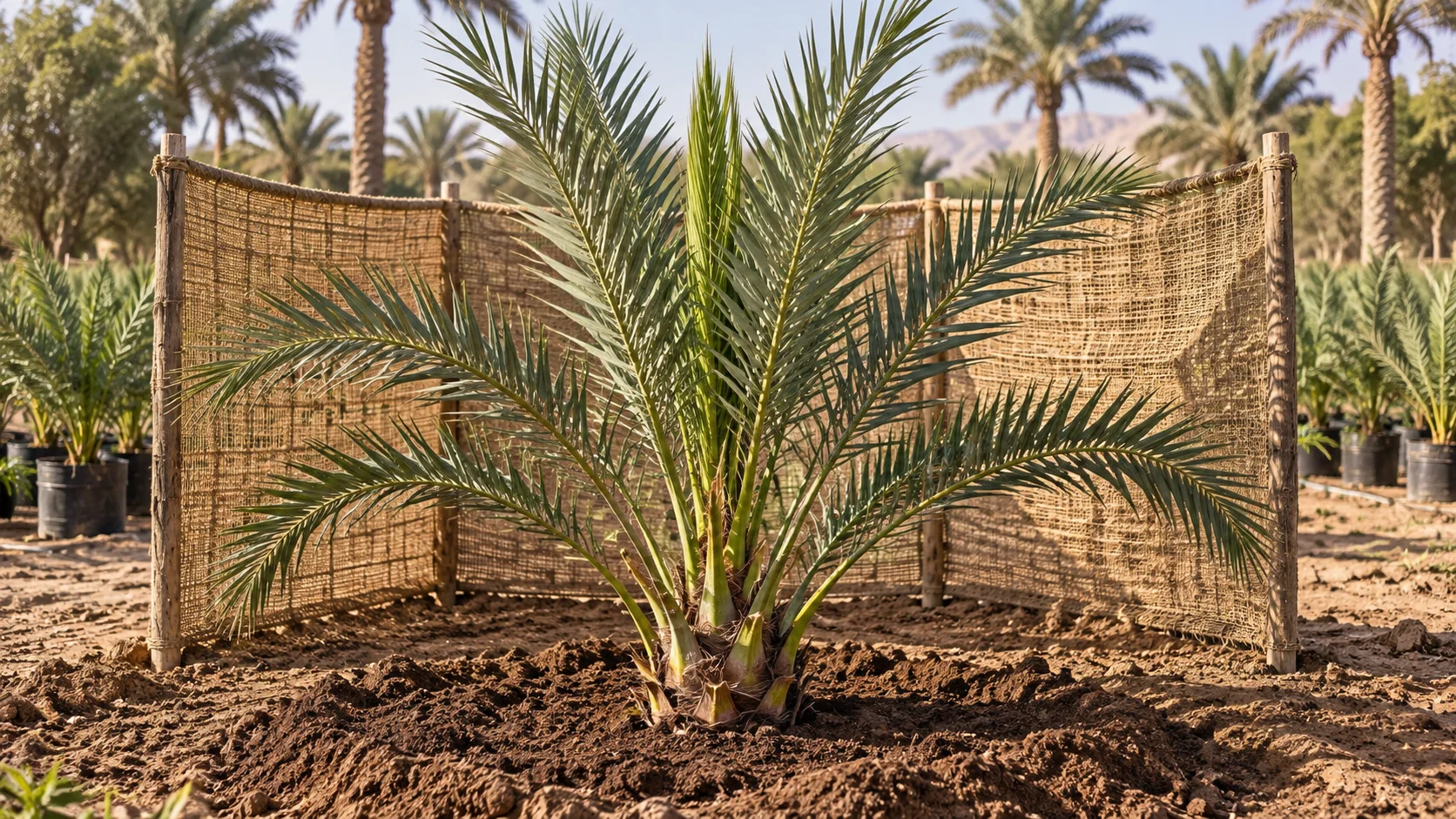 فسيلة نخيل بلح مع حاجز حماية مفتوح