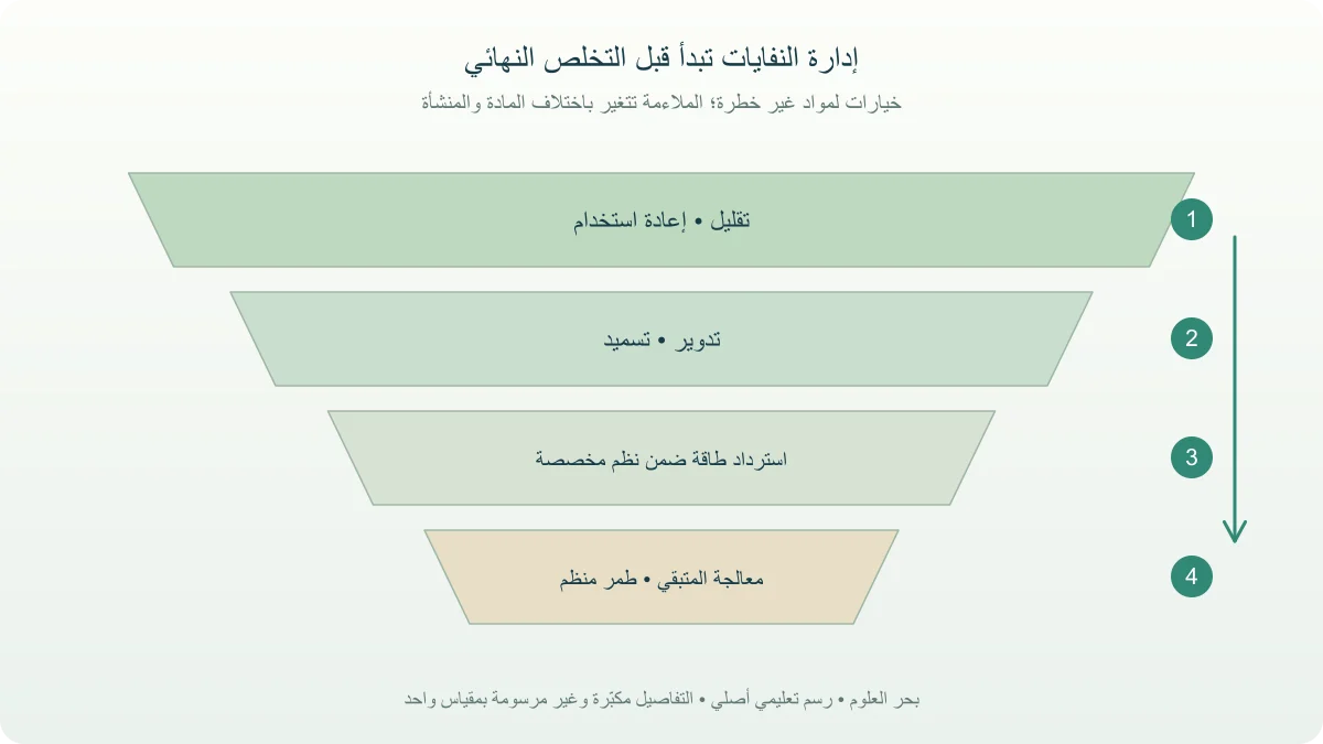 تسلسل أصلي لإدارة مواد غير خطرة من التقليل وإعادة الاستخدام إلى التدوير والتسميد ثم معالجة المتبقي