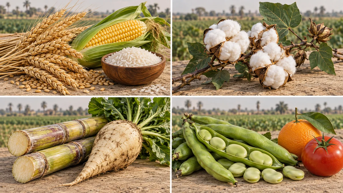 لوحة نباتية أصلية لأربع مجموعات من المحاصيل: الحبوب والقطن ومحاصيل السكر والبقول والثمار