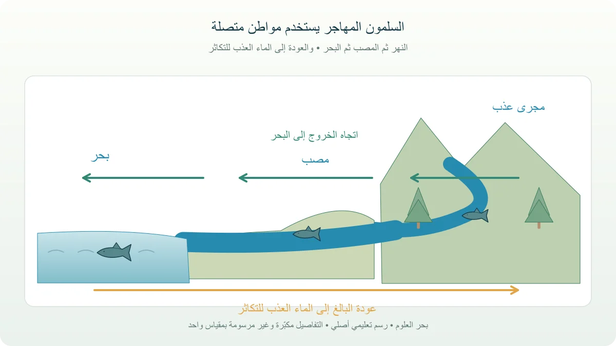 مخطط موطن السلمون المهاجر بين مجرى عذب ومصب وبحر مع سهم عودة للتكاثر