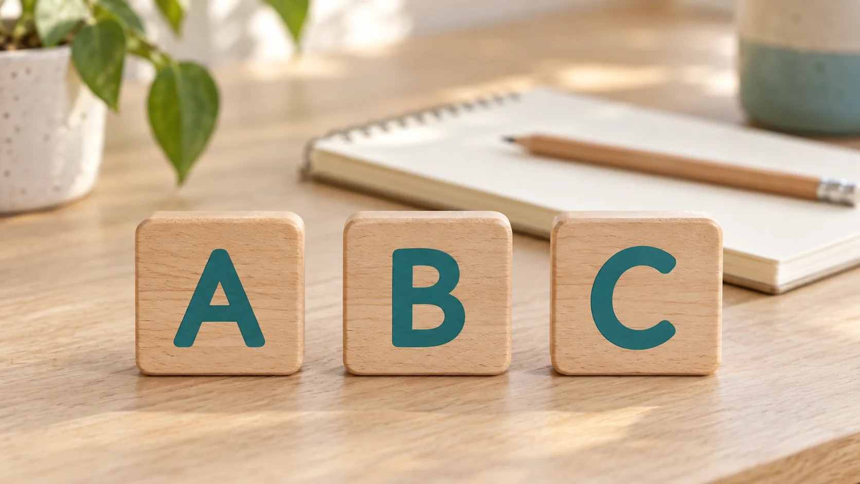 ثلاث قطع خشبية عليها A وB وC بجانب دفتر
