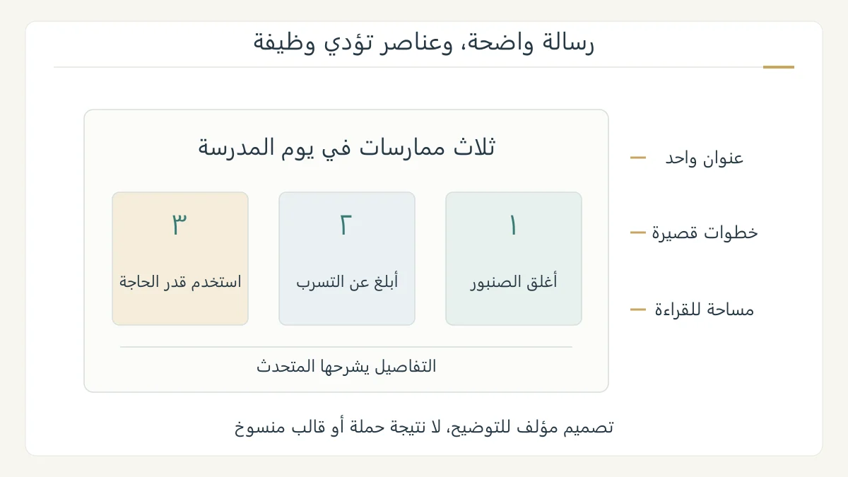 رسم أصلي لشريحة مقترحة عن ترشيد الماء، فيها رسالة واحدة وثلاث خطوات قصيرة ومساحات بيضاء، بجوار مخطط تنظيم العرض