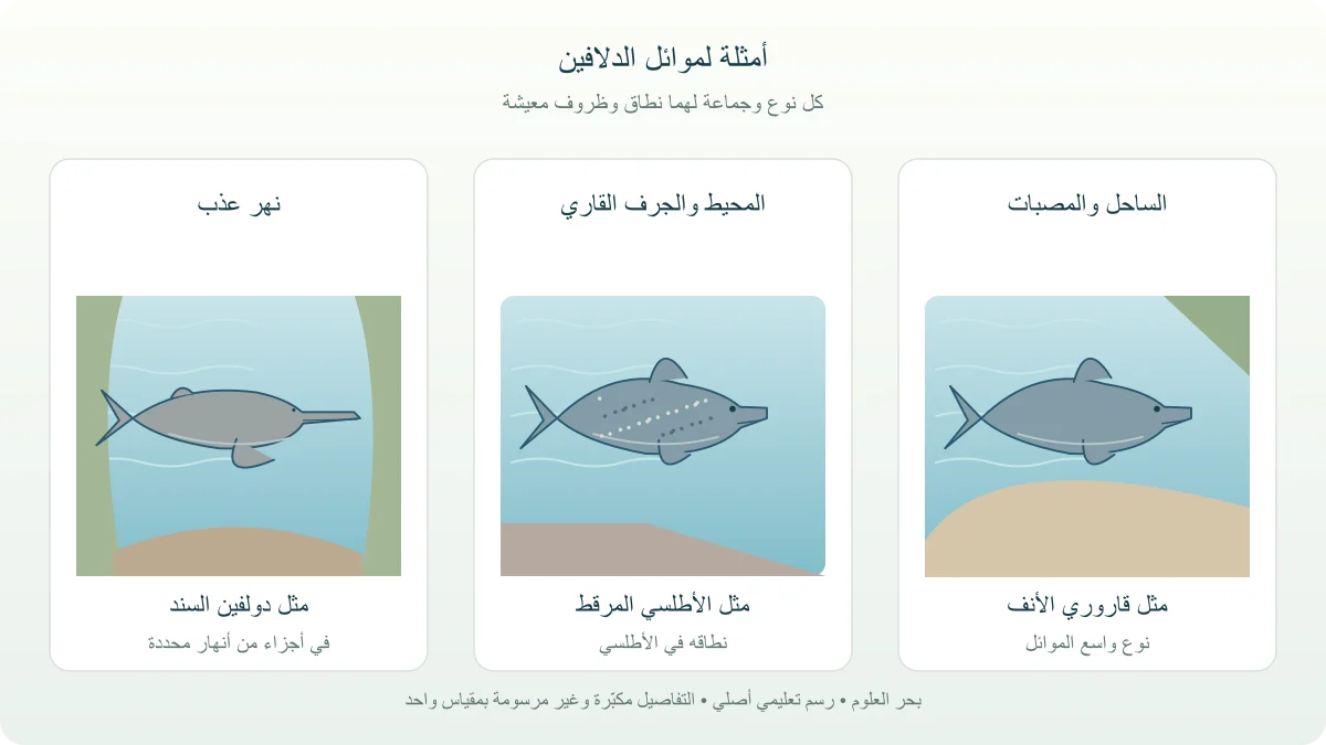 مقارنة بين موطن ساحلي ومحيط مفتوح ونهر عذب مع أمثلة مختلفة من الدلافين