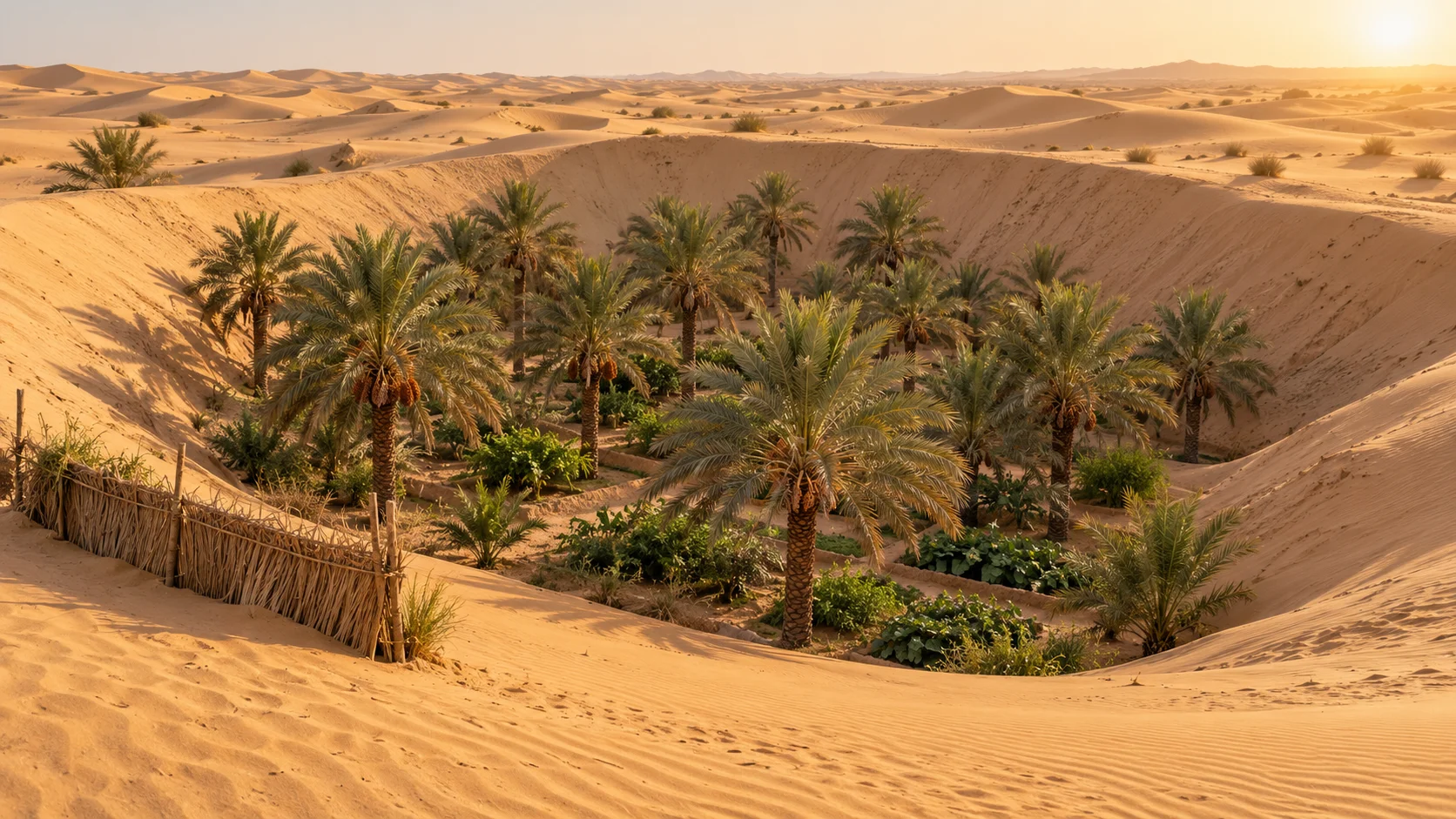 تصور فني لبستان نخيل في منخفض رملي تحيط به كثبان.