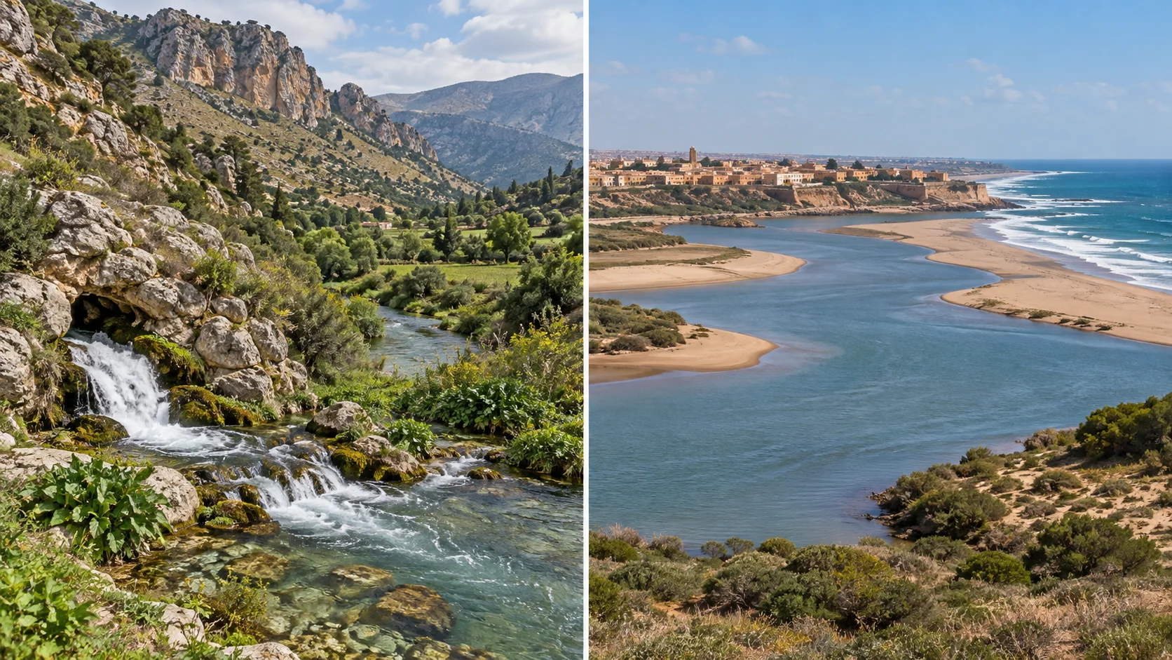 مشهدان تصوريان لعين جبلية ونهر يلتقي بساحل أطلسي