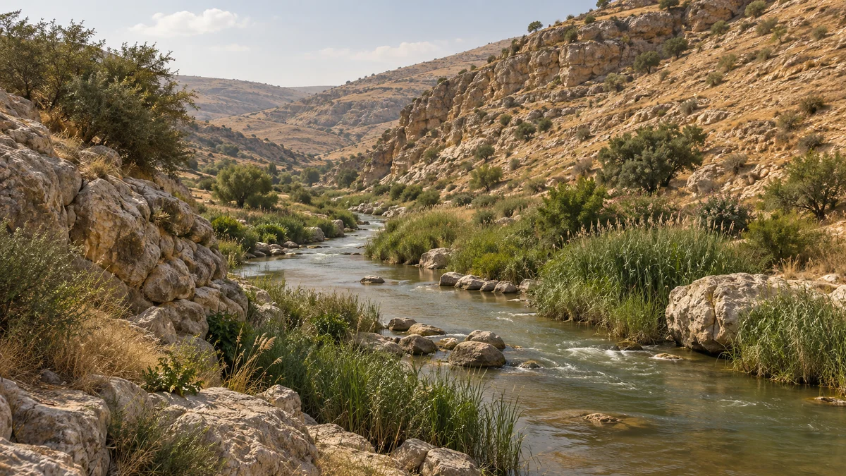 تصور مولد لمجرى ضيق بين تلال كلسية شبه جافة يمثل بيئة نهر الزرقاء