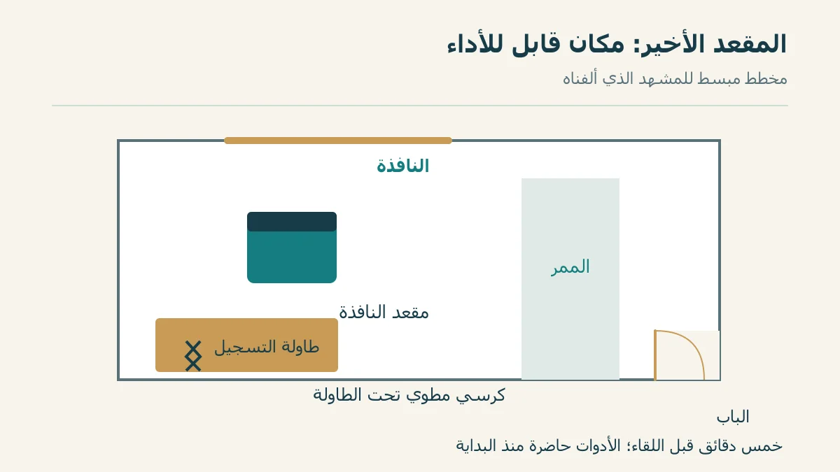 قاعة المشهد مع مقعد النافذة وطاولة التسجيل والكرسي المطوي والممر