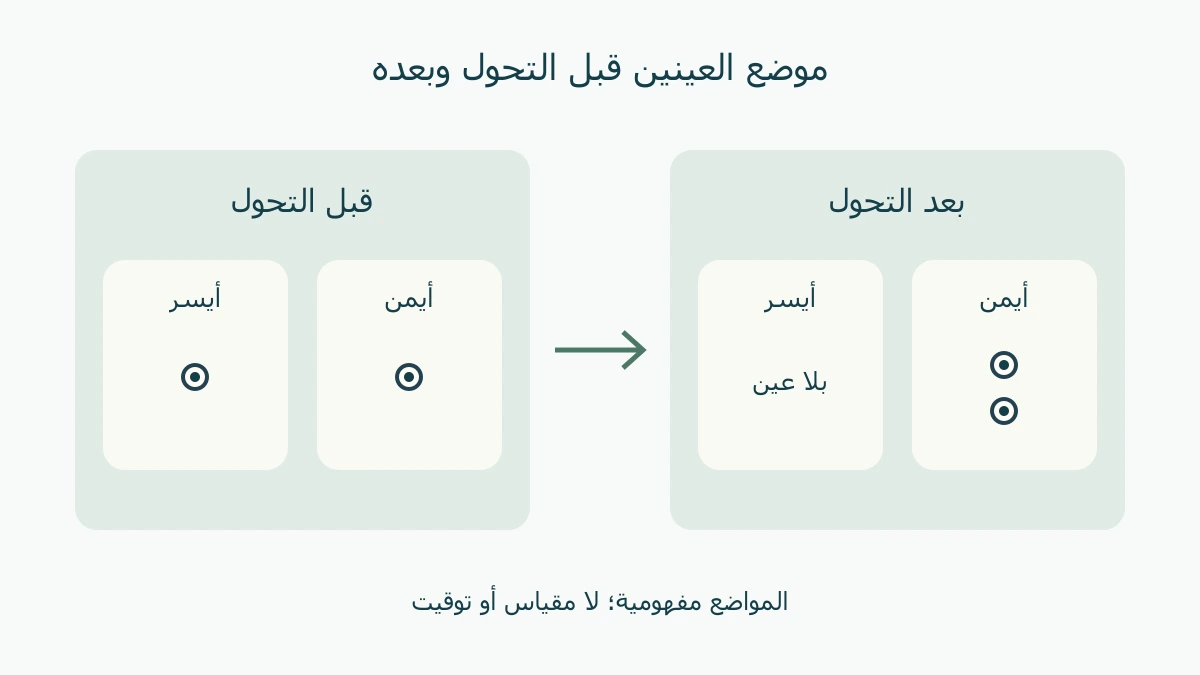 مقارنة مفهومية: عين على كل جانب قبل التحول، وعينان على الجانب الأيمن بعده