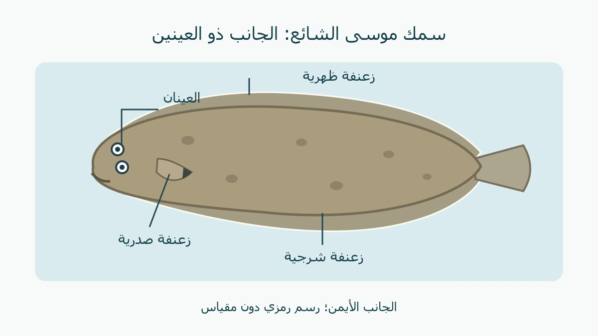 رسم بيضاوي مفلطح لسمك موسى الشائع من جانبه الأيمن، مع عينين وزعانف حول الجسم